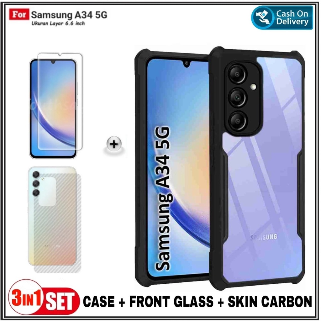Paket 3IN1 Case Samsung A34 5G, A54 5G Hard Fusion Transparan Casing Free Tempered Glass Clear & Gar