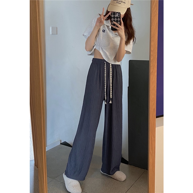 EUNII Celana Panjang Santai Wanita Basic Color Kasual High Waist Straight Pants Korean Style