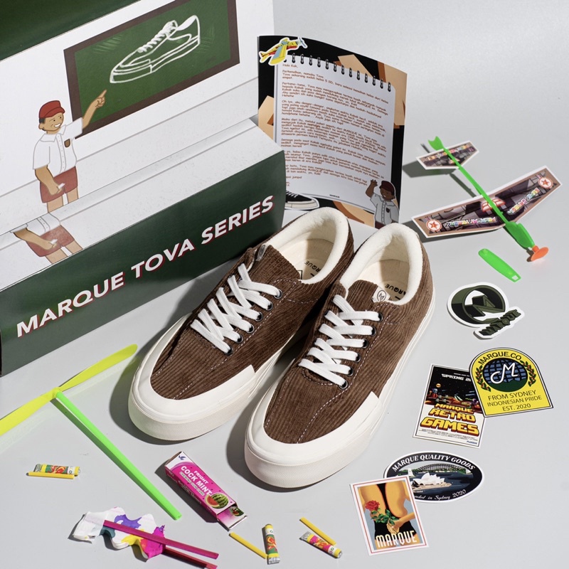 MARQUE.CO ‘Tova’ MOCCA Corduroy vol 3.0 - Sepatu Pria &amp; Wanita dengan Konsep Jadul Nostalgia 1990an! Bonus Mainan Jadul, dan Insole Super Empuk! Packaging Sneakers Paling Unik!