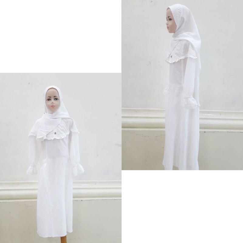 gamis putih anak perempuan 6th-13th/baju muslim bahan katun anak terbaru/gamis terbaru anak perempua