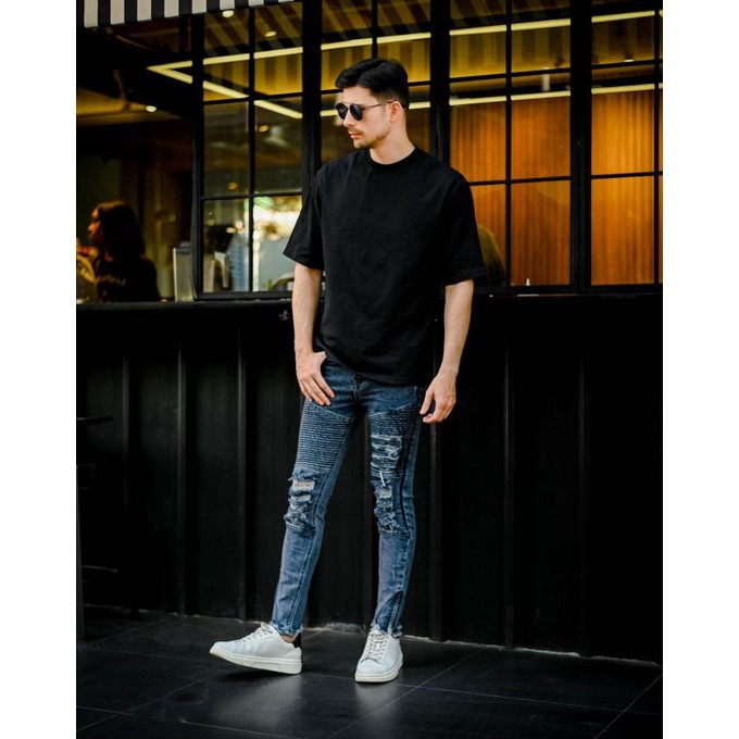 LOD.DENIM - Celana Panjang Jeans Biker Ripped Denim BLUE DIAMOND