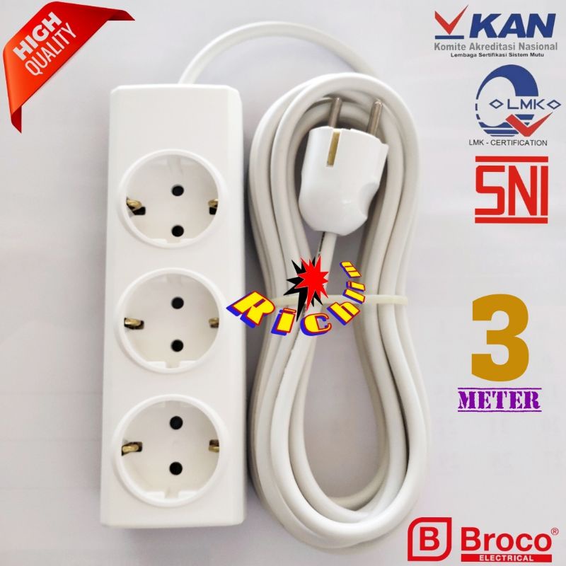 Stop Kontak Broco 3 Lubang+Steker Broco+Kabel Eterna 2x0,75 Serabut 3 Meter/Stopkontak Rakitan