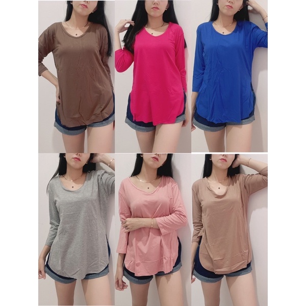 kaos oversize 7/8 polos wanita murah,atasan overisize vneck polos wanita model 753belah samping import