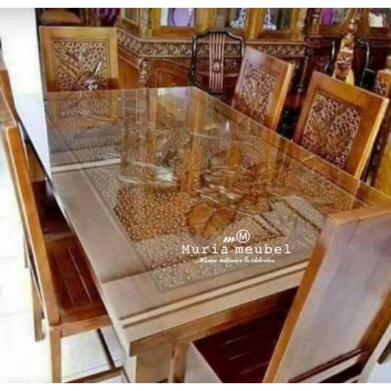 meja makan jati kursi 6+kaca meja