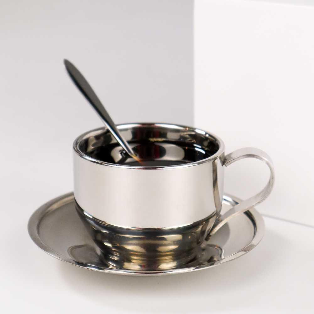 One Two Cups Set Cangkir Sendok Piring Kopi Stainless Steel 01