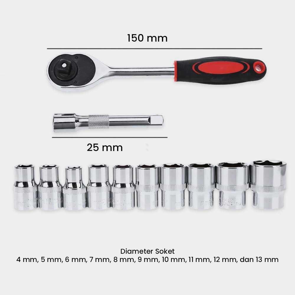 Taffware Kunci Pas CR-V Drive Socket Wrench Set 1/4 Handle 12 PCS