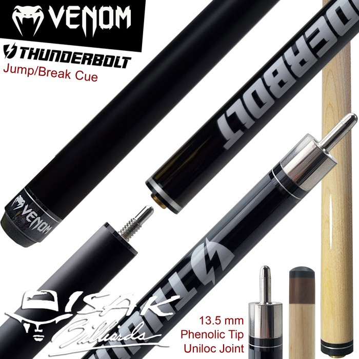 Venom Thunderbolt Jump Break Cue Black 13.5mm Stick Loncat Billiard