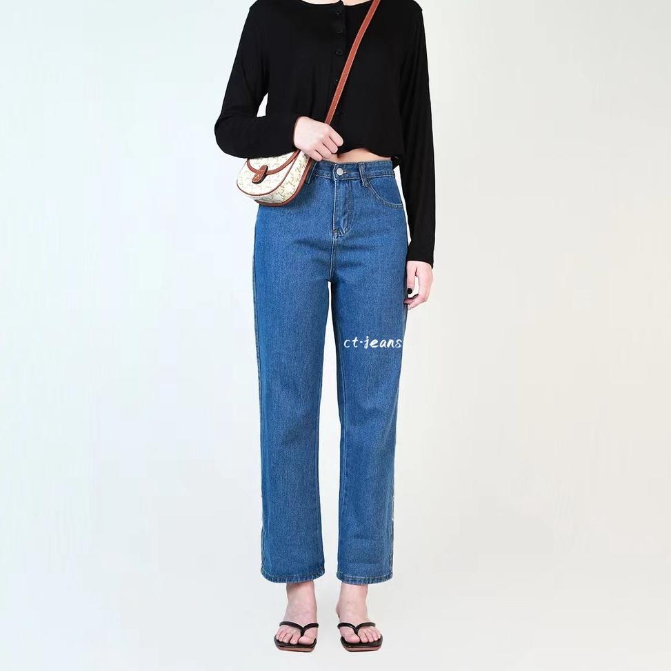 Jeans wanita baru pinggang tinggi desain ramping celana kaki lebar gulung celana lurus • SLP.20Ap23ˢ