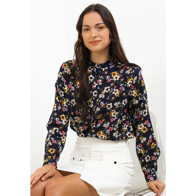 Blouse Wanita REMIX JEANS Original Bunga Cewek Casual Look Katun Motif Bunga-Bunga Lengan Panjang C4
