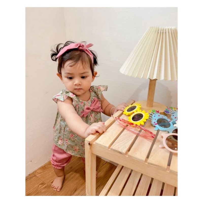 LODY  SET  baju setelan bayi perempuan bandana baju celana katun set usia 0 1 2 3 sampai 12 bulan baby