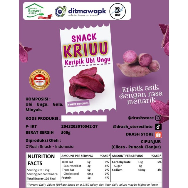 

KERIPIK UBI UNGU (KRIUU) / ISI 500 GR/Rasa manis Renyah Enak harga murah