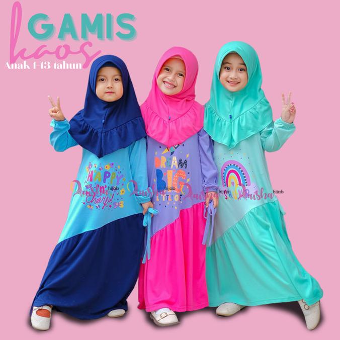 Baju Muslim Gamis Kaos Anak Perempuan Umur 1-13 Tahun Polos Kombinasi