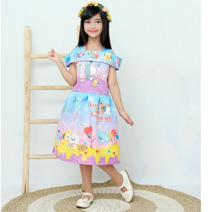 Dress satin bridal / dress sabrina motif BTS BT21 / baju pesta anak / dress anak bestseller {MRJ.9Ap