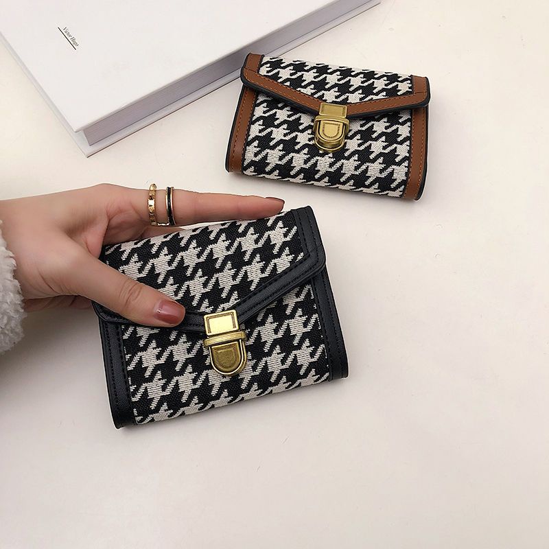 Sera Kecil Dompet Pendek Wanita Dompet Koin Niche Desain 2021 Baru Serbaguna Retro Houndstooth Warna Kontras Lipat Pemegang Kartu