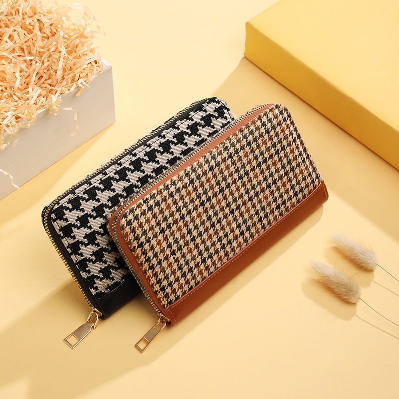 Sera Tangan Wanita Dompet Panjang Wanita Gaya Retro Jahitan Warna Kontras Temperamen Ritsleting Sederhana Tas Ponsel Mahasiswa dompet Dompet