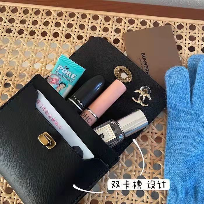 Dompet koin retro buatan sendiri buatan Sera Korea yang baru dan indah Tempat kartu hitam kompak yang chic, tas ID SIM kulit lembut