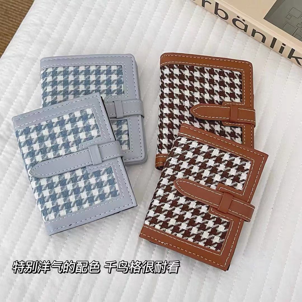 Sera Houndstooth Retro Kulit Kartun Lipat Tiga Gaya Barat Dompet Cetak Tangan Multi-Kartu Nyaman Bernilai Tinggi