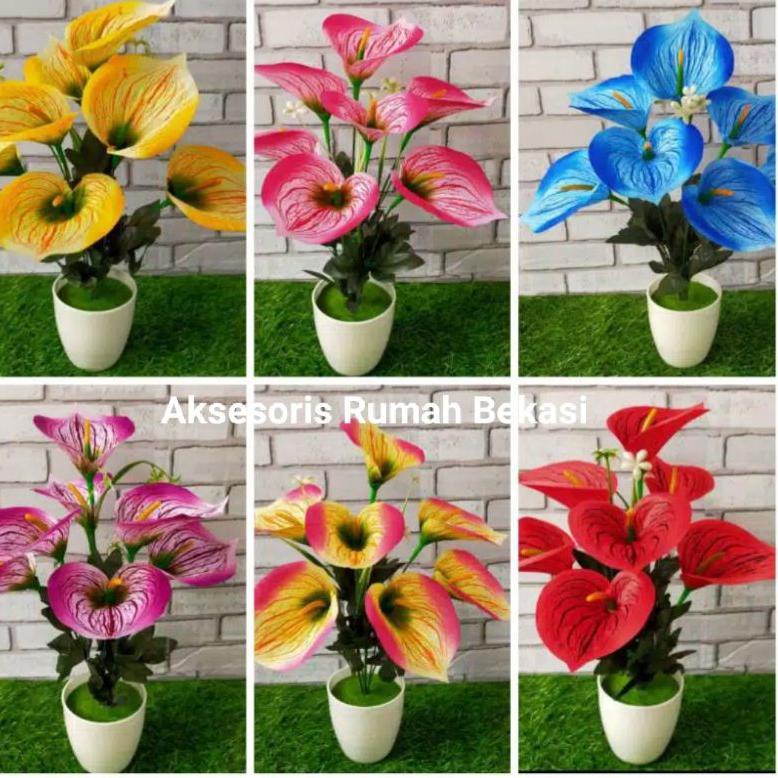 ✔️  Set bunga plastik anthurium/bunga lilly/bunga Aron panda dengan pot lumut melamin bulat