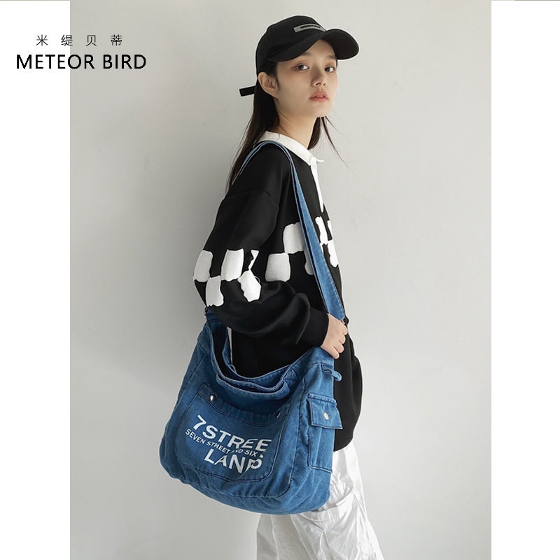 Sera Miti Betty college angin tote ekstra besar tas wanita single bahu Messenger retro denim tas fashion letter printing all-match