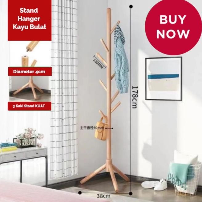 hanger Stand Hanger Kayu COATRACK Gantungan Berdiri Jaket , Baju ,Topi , Tas - A Original wood(C8A8)