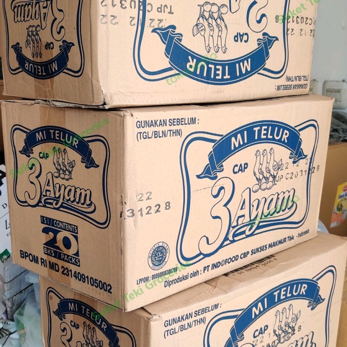 

Mie Telor 3Ayam 200 gr per karton dus isi 20 GOJEK