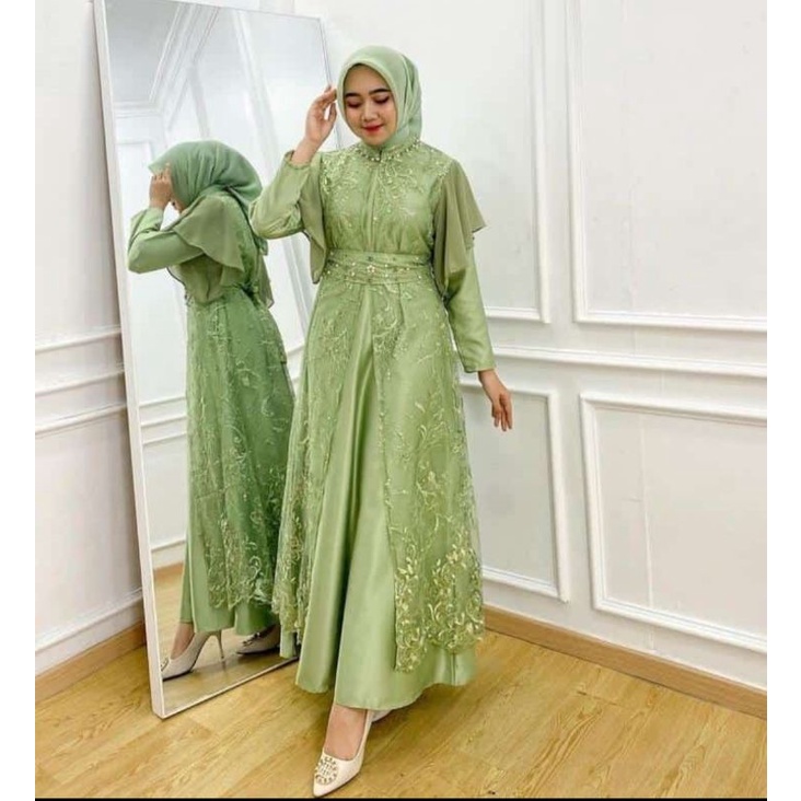 Dress sage Gamis brukat hijau lebaran wanita 2023 seragaman berukat perempuan baju pesta tile