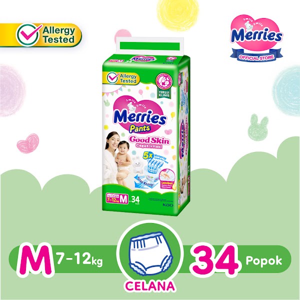 Merries Good Skin Pants Popok Perlengkapan Bayi M(7 - 12)kg Kurangi Risiko Alergi Pada Kulit Bayi Isi 32+2 Buah