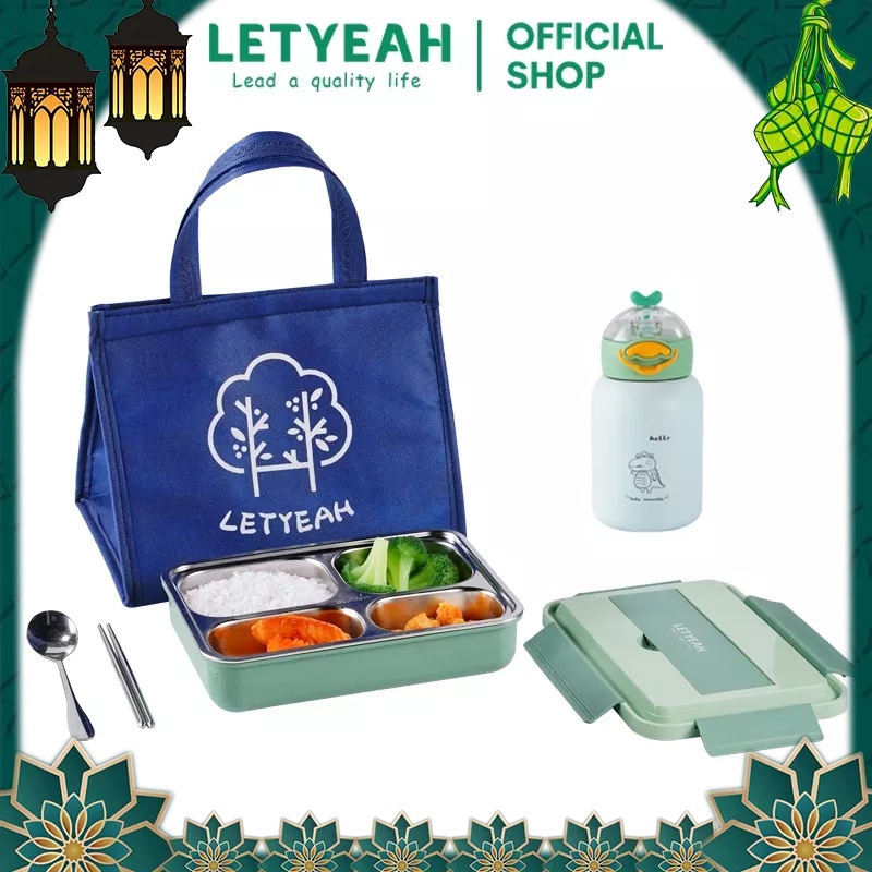 Terlaris LetYeah SUS304 Kotak Makan Set / Botol Minum Steinless Steel / Tas Bekal Lunch Box Set Best
