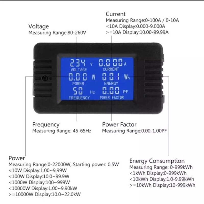 PZEM-022 10A 100A KWh Watt meter Voltmeter Ammeter 6in1 Wattmeter