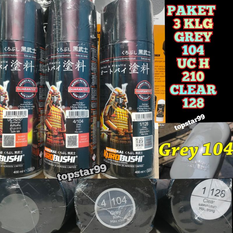 Samurai Paint Paket 3 Kaleng Pilok Pilox Cat Semprot Samurai Paketan Lengkap Abu Abu Grey 104 Epoxy Surfacer UC H210 Clear Pernis Glossy 128 400ml