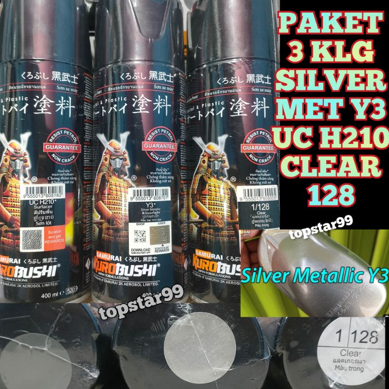 Samurai Paint Paket 3 Kaleng Pilok Pilox Cat Semprot Samurai Paketan Lengkap Silver Metalic Metalik Y3 3 Epoxy Surfacer UC H210 Clear Pernis Glossy 128 400ml