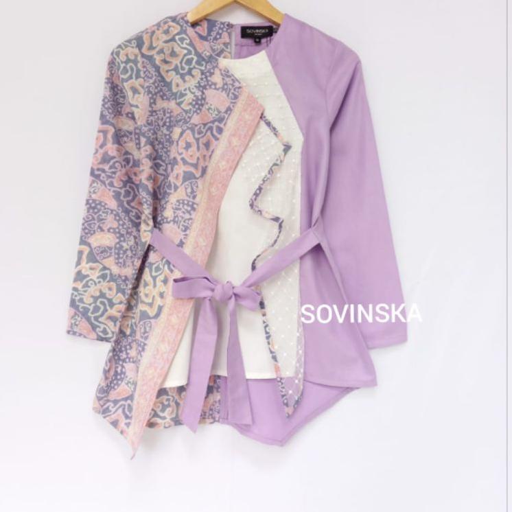 Paling Bagus Z5l5KAtasan Batik Kombinasi WP 132 Lilac New Baju Blus Blouse Kerja Wanita Modern