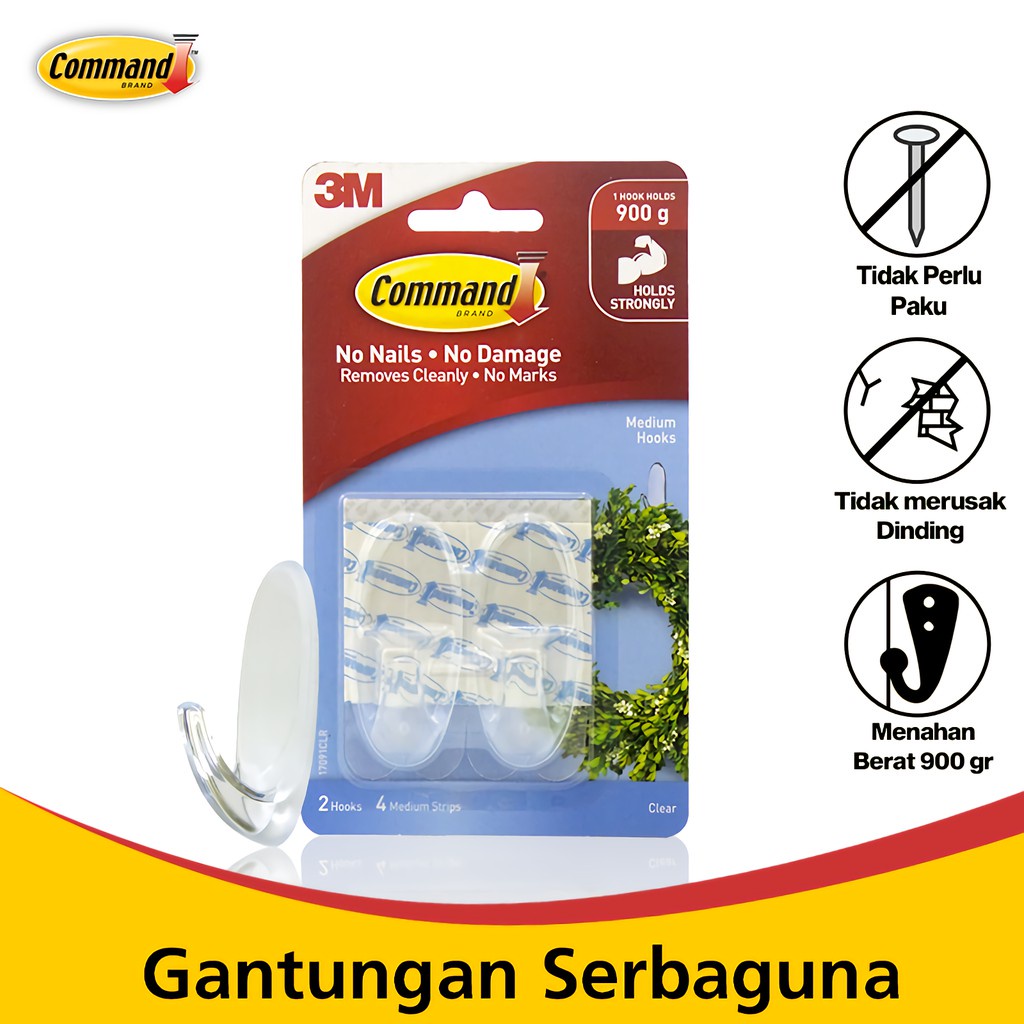 3M Command Gantungan Serbaguna Tanpa Paku / Sekrup 2 Hooks Maks. 900G Medium Hooks 3M-17091Clr