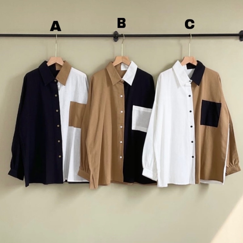 Nina Kemeja Wanita Two Tone Shirt Oversize Kombinasi Korean Style NEKADAILY