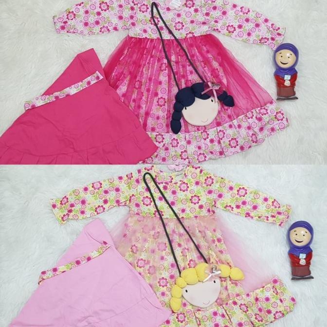 Gamis Muslim Anak Perempuan Set Jilbab Dan Tas Kepang Baju Muslim Anak