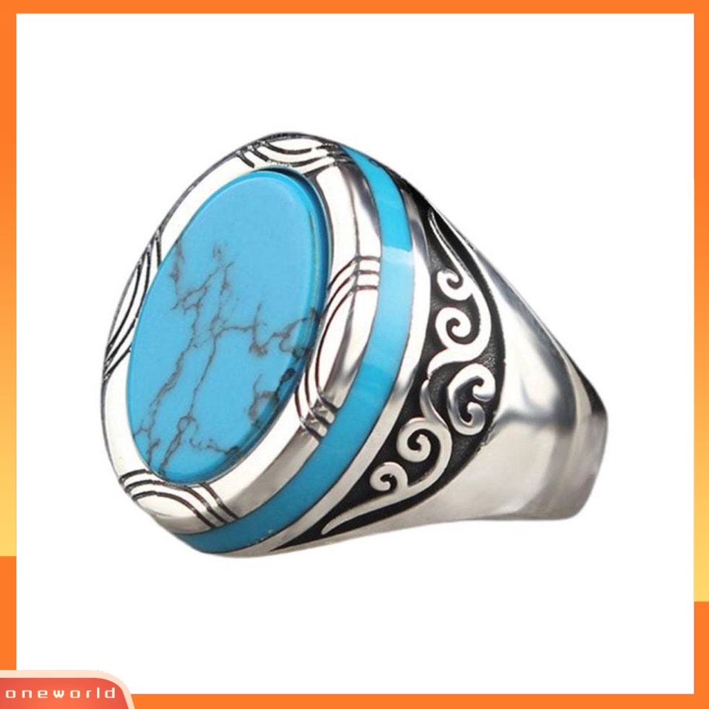 Perhiasan Cincin Pria Model Lebar Motif Ukir Hias Turquoise Imitasi Gaya Punk Retro