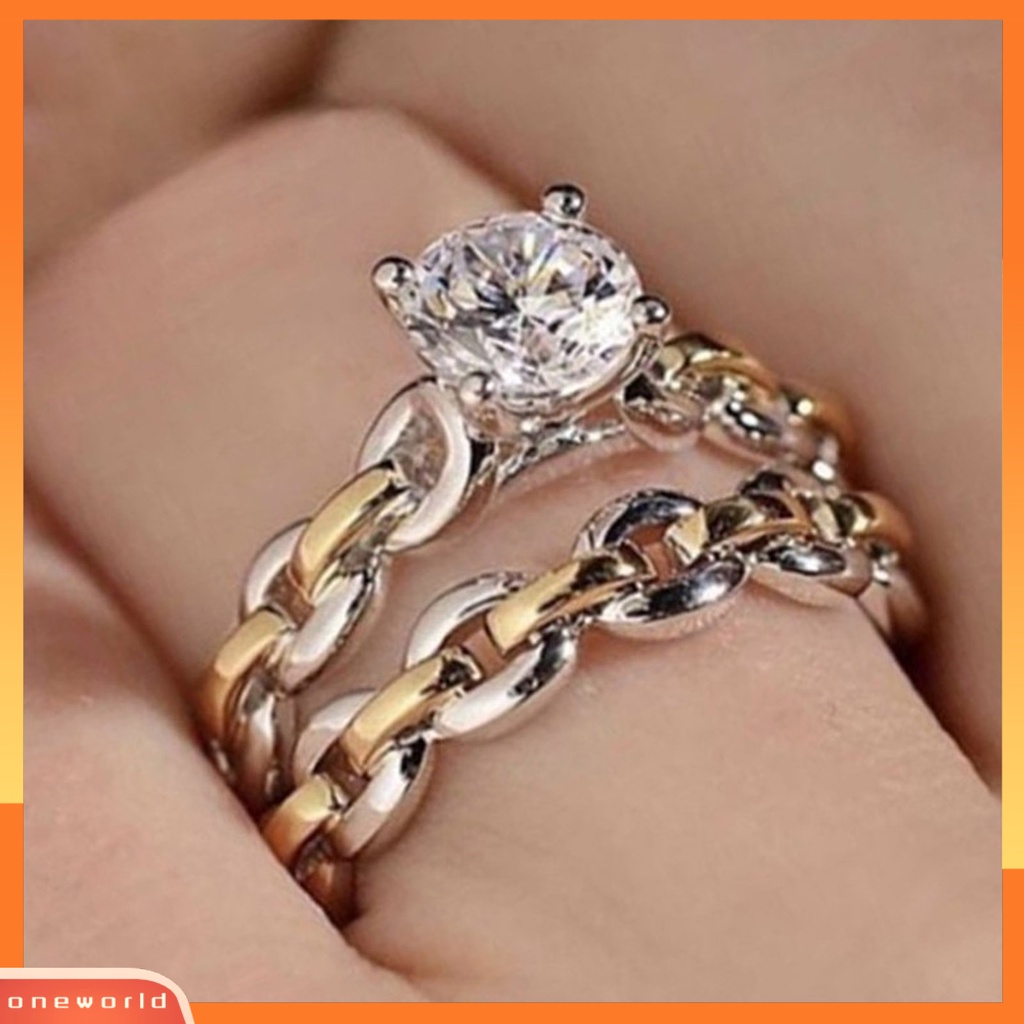 {oneworld} 2pcs/set Rantai Permukaan Halus Pernikahan Band Alloy Two-tone Berlian Imitasi Wanita Rings Charm Jewelry