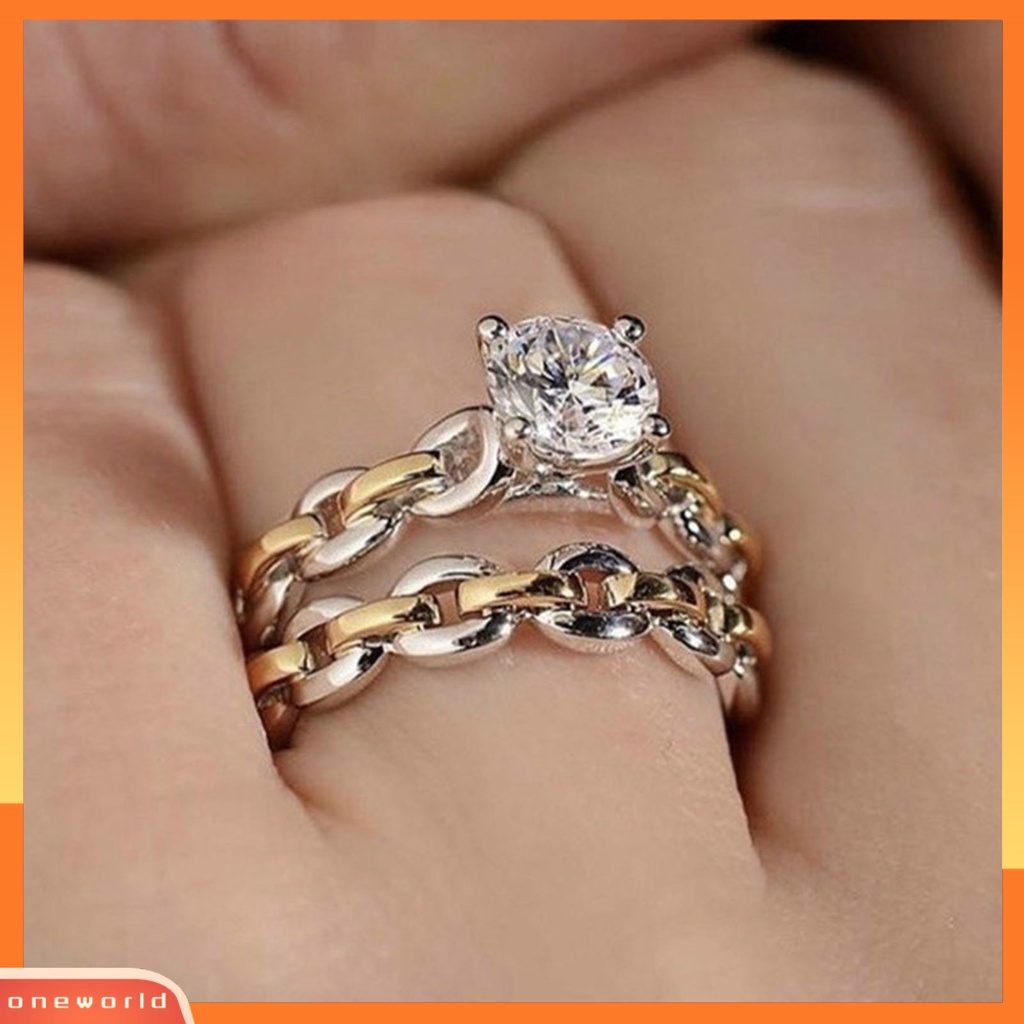 {oneworld} 2pcs/set Rantai Permukaan Halus Pernikahan Band Alloy Two-tone Berlian Imitasi Wanita Rings Charm Jewelry