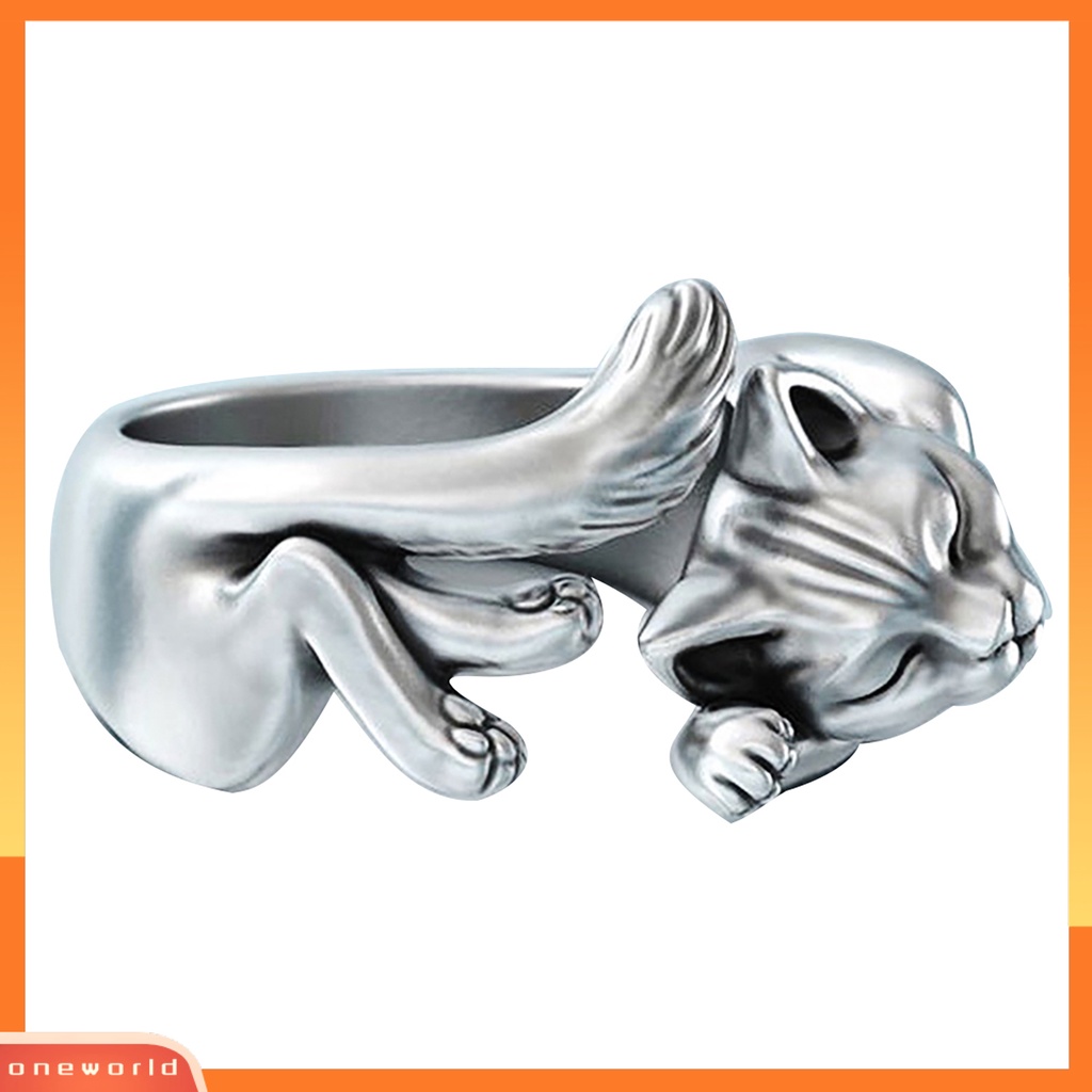 OW Vintage Unisex Sleeping Cats Silver Plated Opening Finger Ring Jewelry Gift