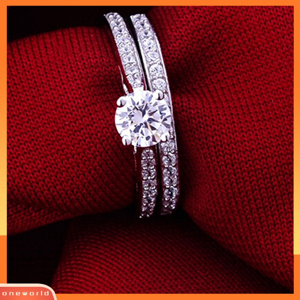 {oneworld} 2pcs/set Cincin Shiny Cubic Zirconia Plated Silver Cincin Jari Pasangan Romantis Untuk Pernikahan