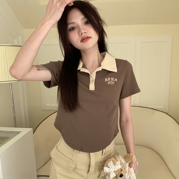 Red Gaya Amerika Polo Kerah Lengan Pendek T-shirt Wanita Musim Panas Rasa Desain Retro Hot Gadis Slim Slim Pendek top In Pasang