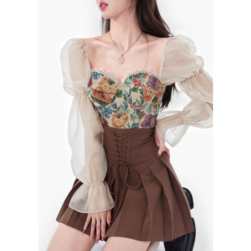 Red Acaine Van Gogh Impression/Oil Painting Top Design Sense Female Niche High Waist Slim Pleated Skirt Summer Suit