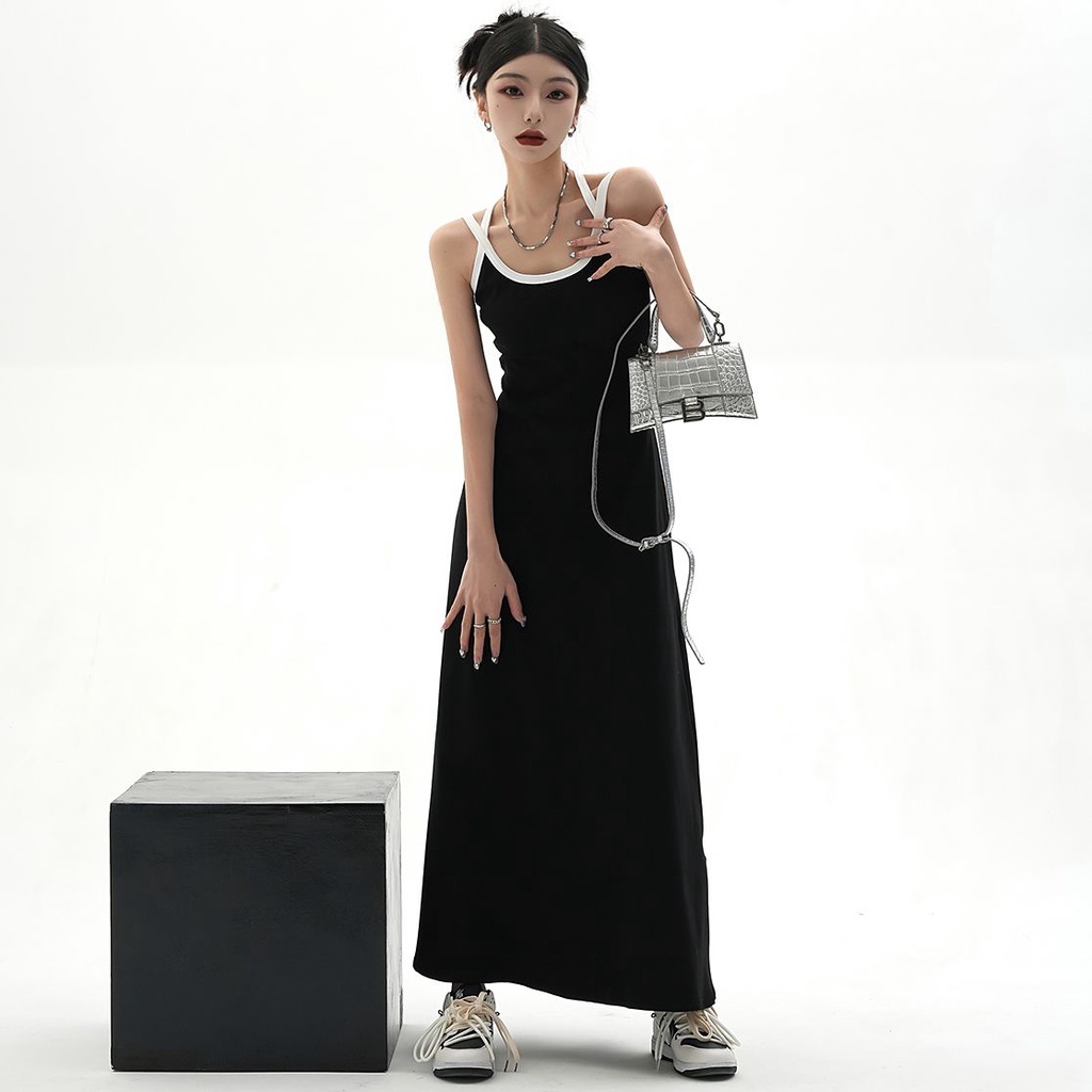 American Street Gaun Tanpa Lengan Kamisol Panel Hitam Gaun Panjang Menengah Wanita midi dress korea