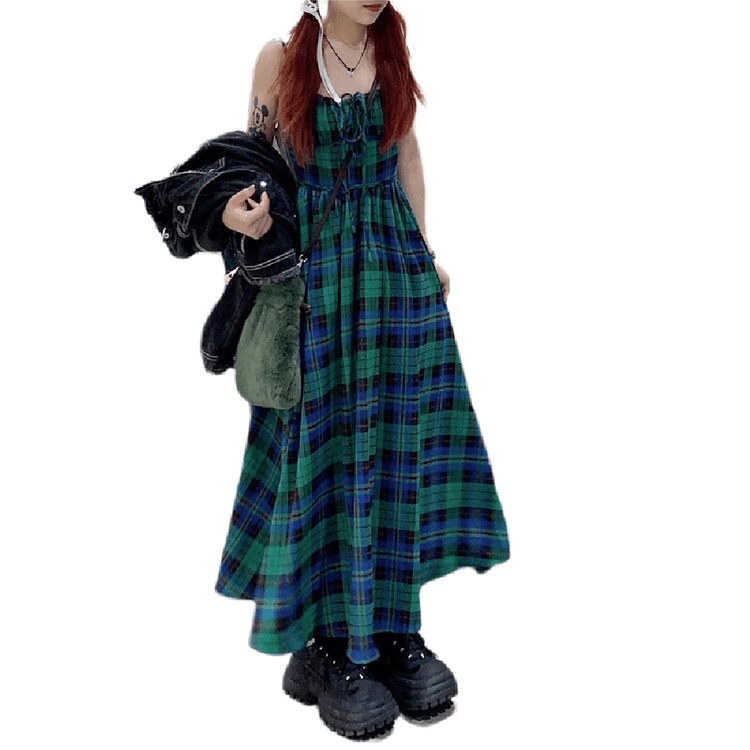 Red Gaun selempang kotak-kotak hijau wanita musim panas Perancis high-end liburan rok panjang rasa desain rok A-line ceruk