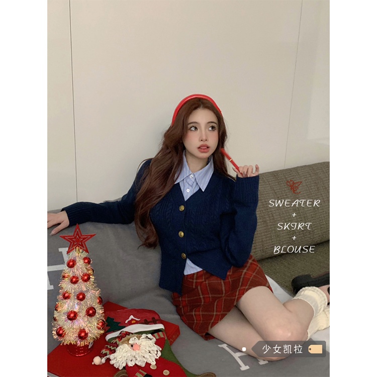 Red Retro American preppy suit wanita rajutan jaket kemeja musim semi dan musim gugur rok kotak-kotak rok kampus setelan jas tiga potong