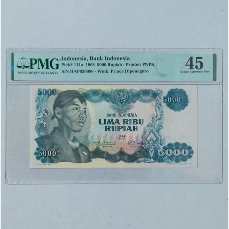 Uang Kuno 5000 Rupiah Tahun 1968 Seri Sudirman PMG 45 Ready