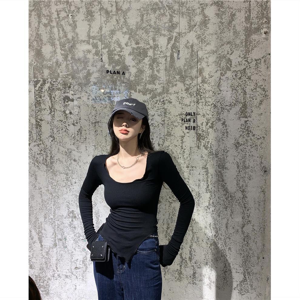 Red 2021 Musim Gugur Baru Rajutan Kemeja Wanita Hitam Slim Dalam Lengan Panjang Leher Bulat Ketat T-shirt Top