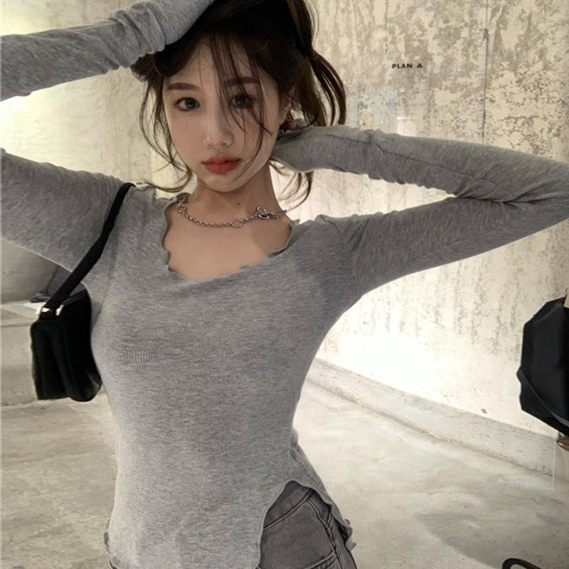 Red 2021 Musim Gugur Baru Rajutan Kemeja Wanita Hitam Slim Dalam Lengan Panjang Leher Bulat Ketat T-shirt Top