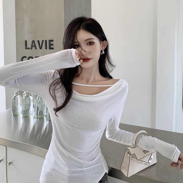 Red Swing collar t-shirt wanita keinginan murni celah angin setengah panjang lengan panjang kemeja musim semi slim versi Korea dari hot girl top