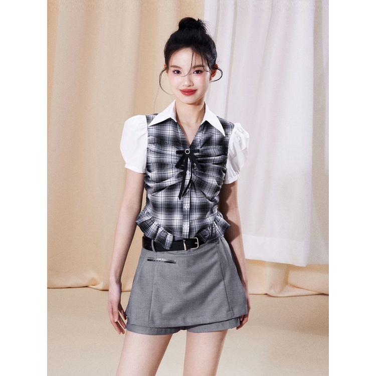 Red Putri kaya pinggang kemeja gaya kuliah setelan rok lipit dua potong rok retro Perancis angin lembut istirahat teh